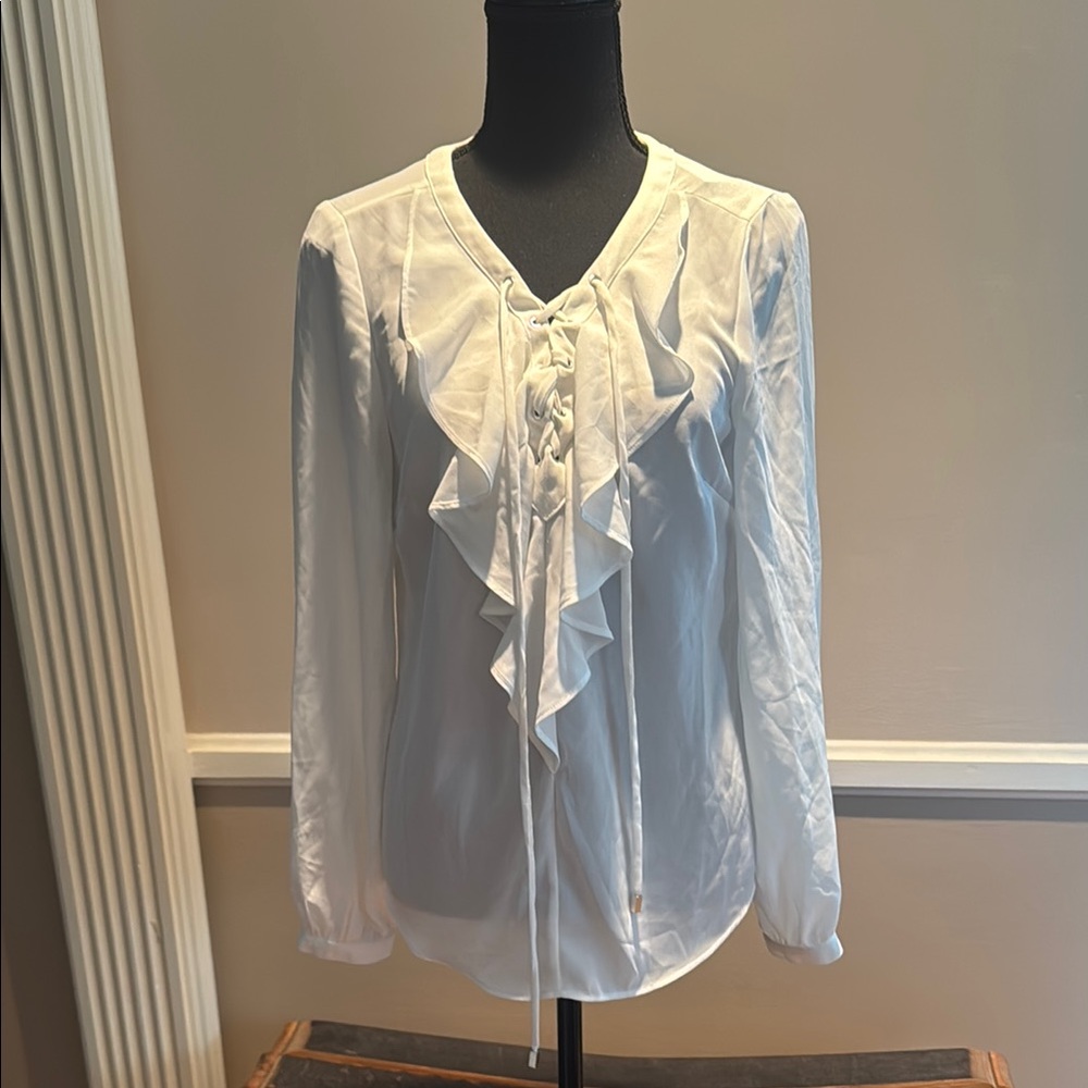 White House Black Market White Ruffle Front Blouse